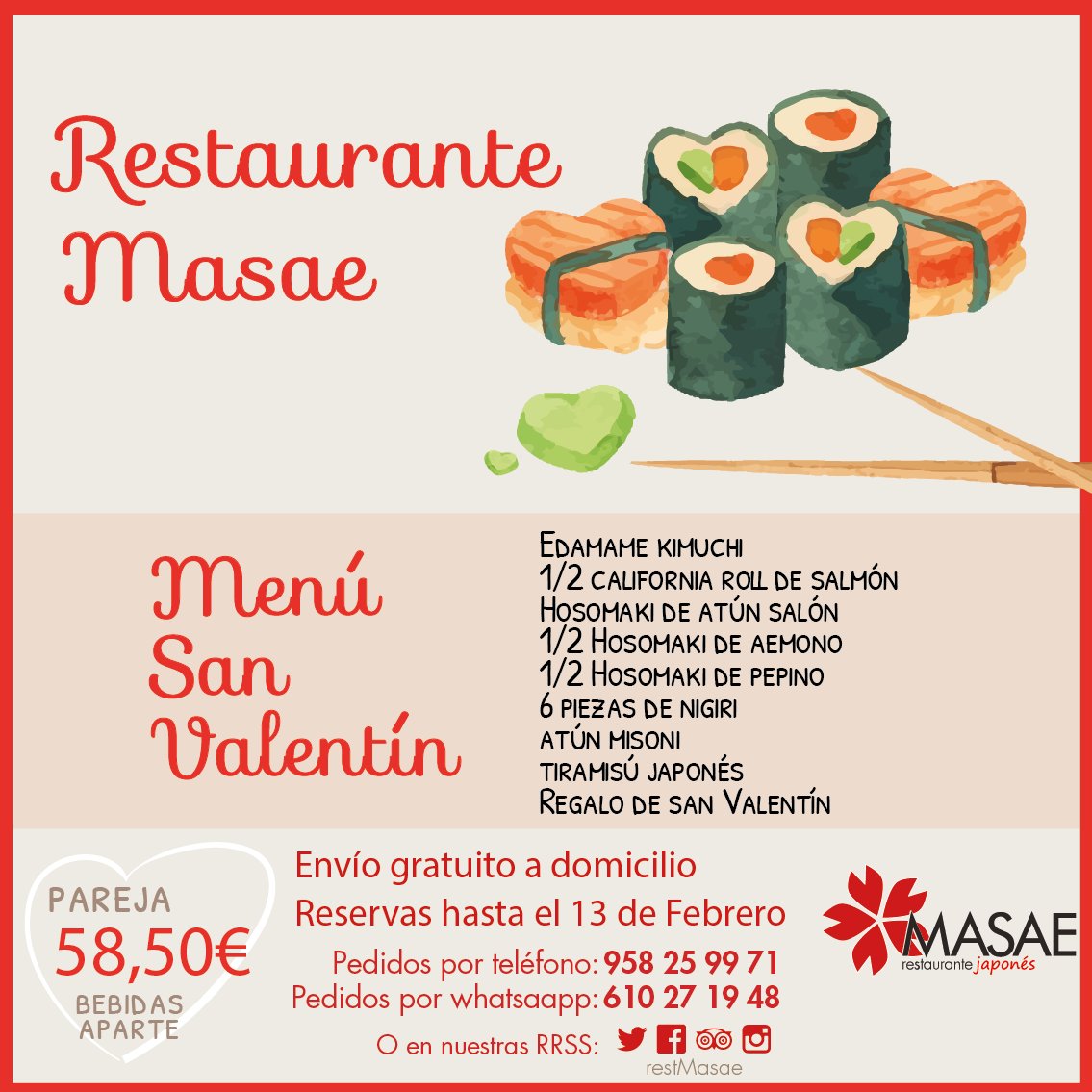restmasae's tweet photo. Hola amigas y amigos del restaurante masae.
Os presentamos nuestro menú de San Valentín.

Servimos a domicilio, reservas hasta el 13 de febrero.
Reservas por whastapp en el  610271948 o llamando al 958259971
Pasad buena tarde! https://t.co/XcO0DajEz3