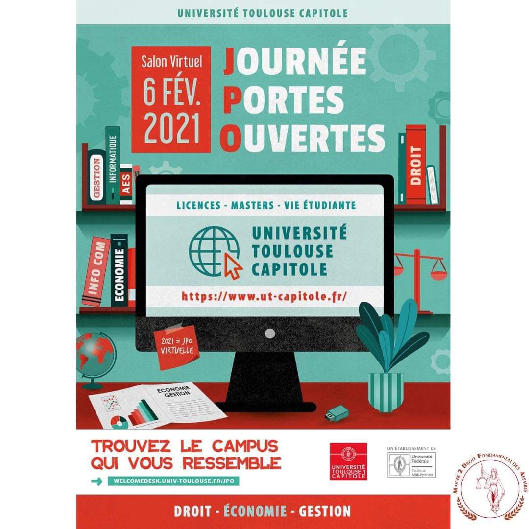 M2DFA_TLSE's tweet image. 📌 Envie de découvrir les formations proposées par l’Université Toulouse 1 Capitole et notamment celle du M2 DFA ?
🎓 La journée Portes Ouvertes n’attends que toi ! Rejoins notre salon virtuel le samedi 6 février !

A très vite 👋🏽

jpo-universites-toulouse.fr/fr