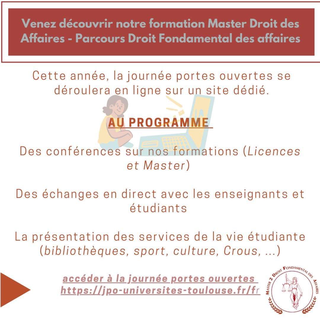 M2DFA_TLSE's tweet image. 📌 Envie de découvrir les formations proposées par l’Université Toulouse 1 Capitole et notamment celle du M2 DFA ?
🎓 La journée Portes Ouvertes n’attends que toi ! Rejoins notre salon virtuel le samedi 6 février !

A très vite 👋🏽

jpo-universites-toulouse.fr/fr