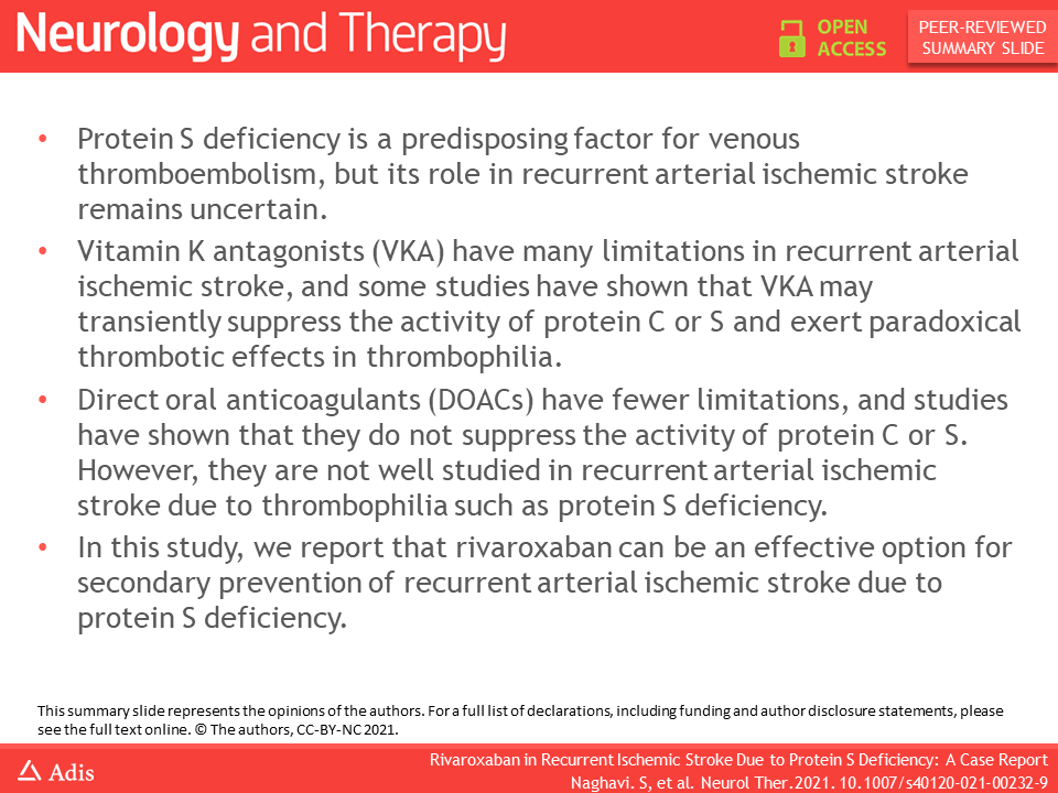 A new case report published: Rivaroxaban in Recurrent Ischemic Stroke Due to Protein S Deficiency #neurology #stroke Read full article here:  link.springer.com/article/10.100…