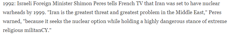 The US & Israel have been fearmongering about Iran being days, weeks, months, or years away from producing nuclear weapons for decades. https://www.csmonitor.com/World/Middle-East/2011/1108/Imminent-Iran-nuclear-threat-A-timeline-of-warnings-since-1979/Earliest-warnings-1979-84