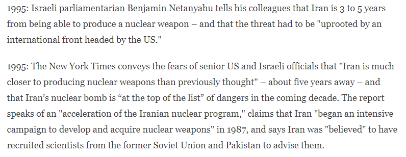The US & Israel have been fearmongering about Iran being days, weeks, months, or years away from producing nuclear weapons for decades. https://www.csmonitor.com/World/Middle-East/2011/1108/Imminent-Iran-nuclear-threat-A-timeline-of-warnings-since-1979/Earliest-warnings-1979-84