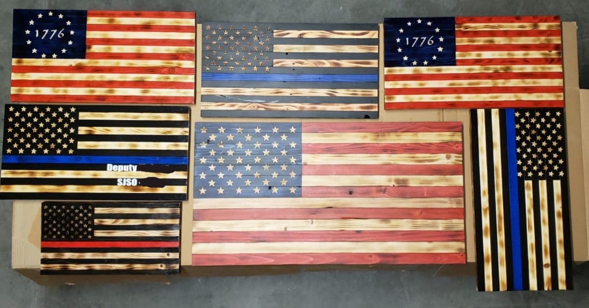 A batch of completed flags. Some made from recycled shipping pallets. 

#woodworking #53woodworking #woodenflag #America #ThinBlueLine #betsyross #palletwoodprojects