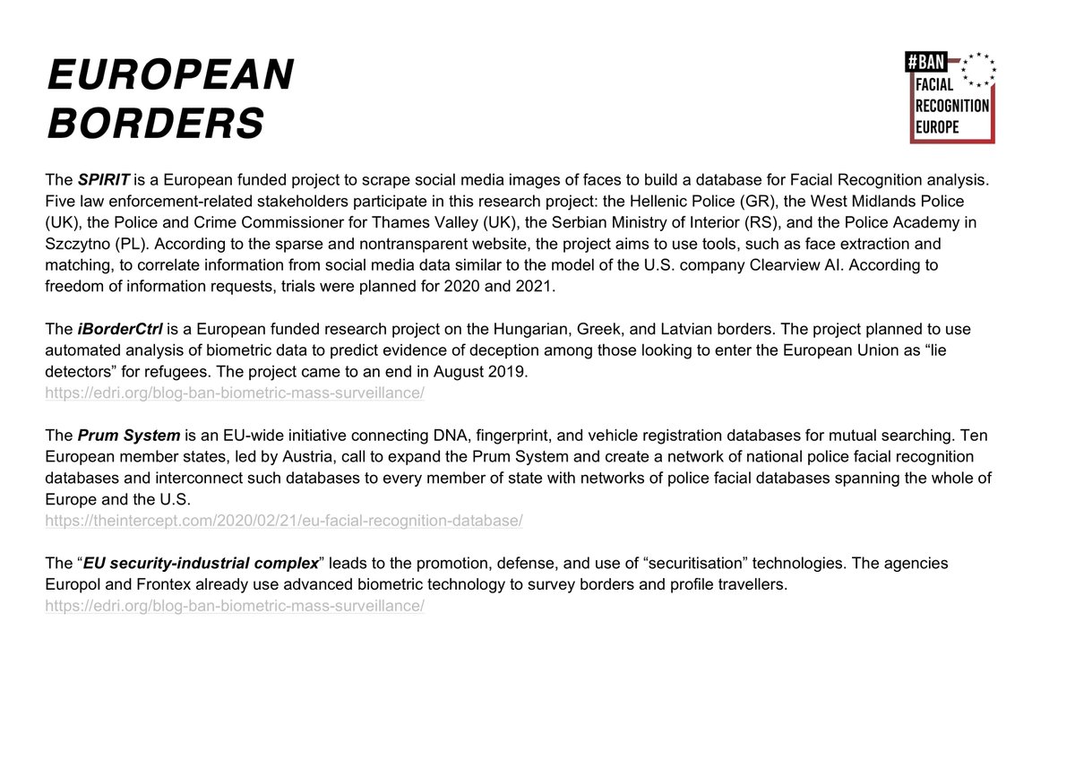 #BanFacialRecognitionEU #Evidence in EUROPEAN BORDERS, EXPORT, and IMPORT with #FacialRecognition technology led to abuses of fundamental rights, lack of accountability, misspending of public funds for years. EU institutions are responsible.
All cases: ban-facial-recognition.eu/FR-Petition-Ba…