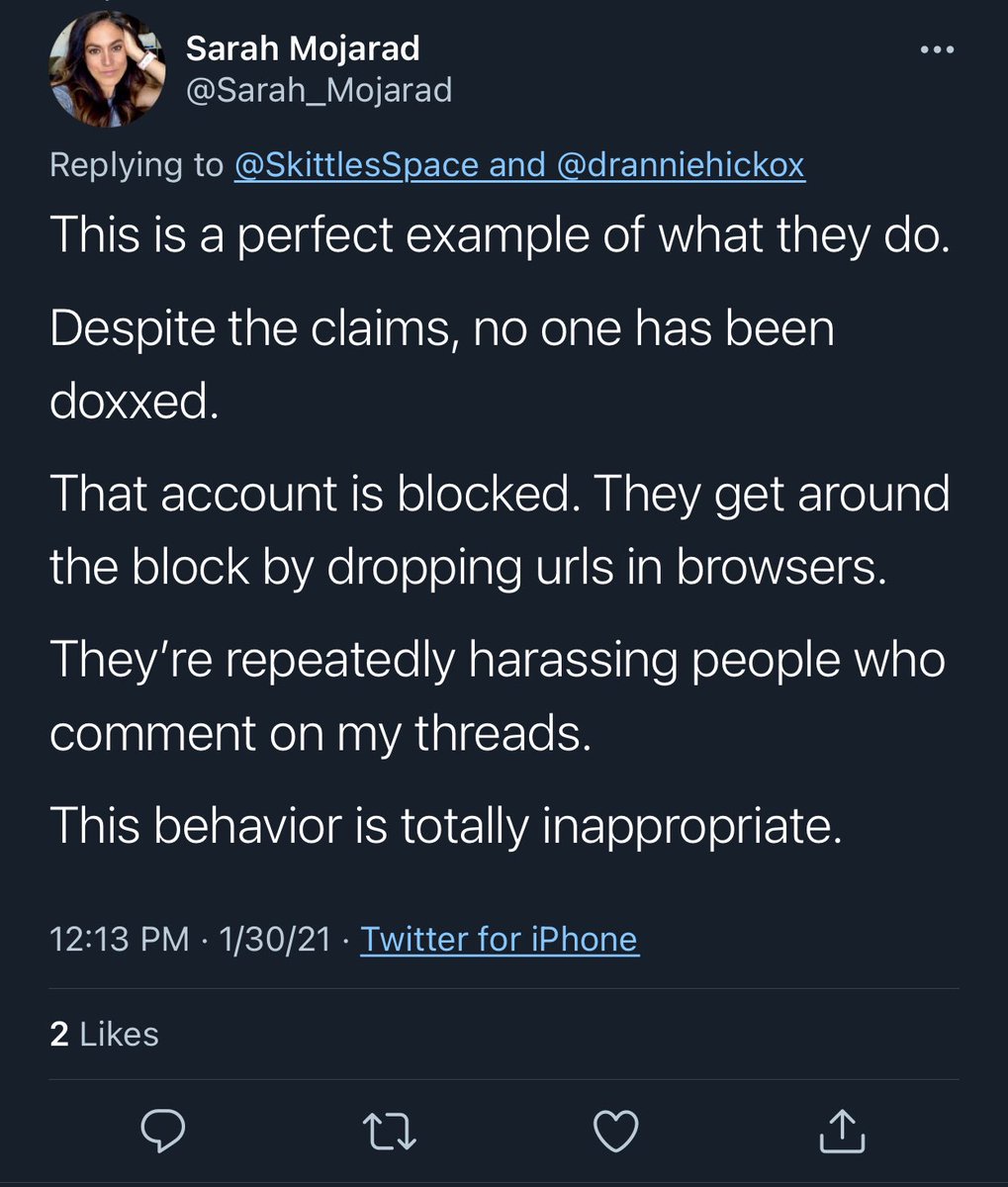 “No one has been doxxed.”—Narrator: Except the person whose facebook prof picture you tweeted to 13,000 people. “The account is blocked”—-Narrator: Except the people whose faces she placed monkeys over also had Sarah blocked for 6+ months yet she still found them.