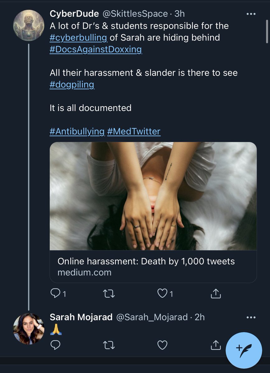 Account called  @skittlesspace apparently claiming I am harassing Sarah and am part of a “mob”. I’m not.I am just sick of Sarah’s .Asking Sarah to stop stalking trainees parents obituaries, chronic illness support groups, and proposing “how to dox” videos isn’t harassment.