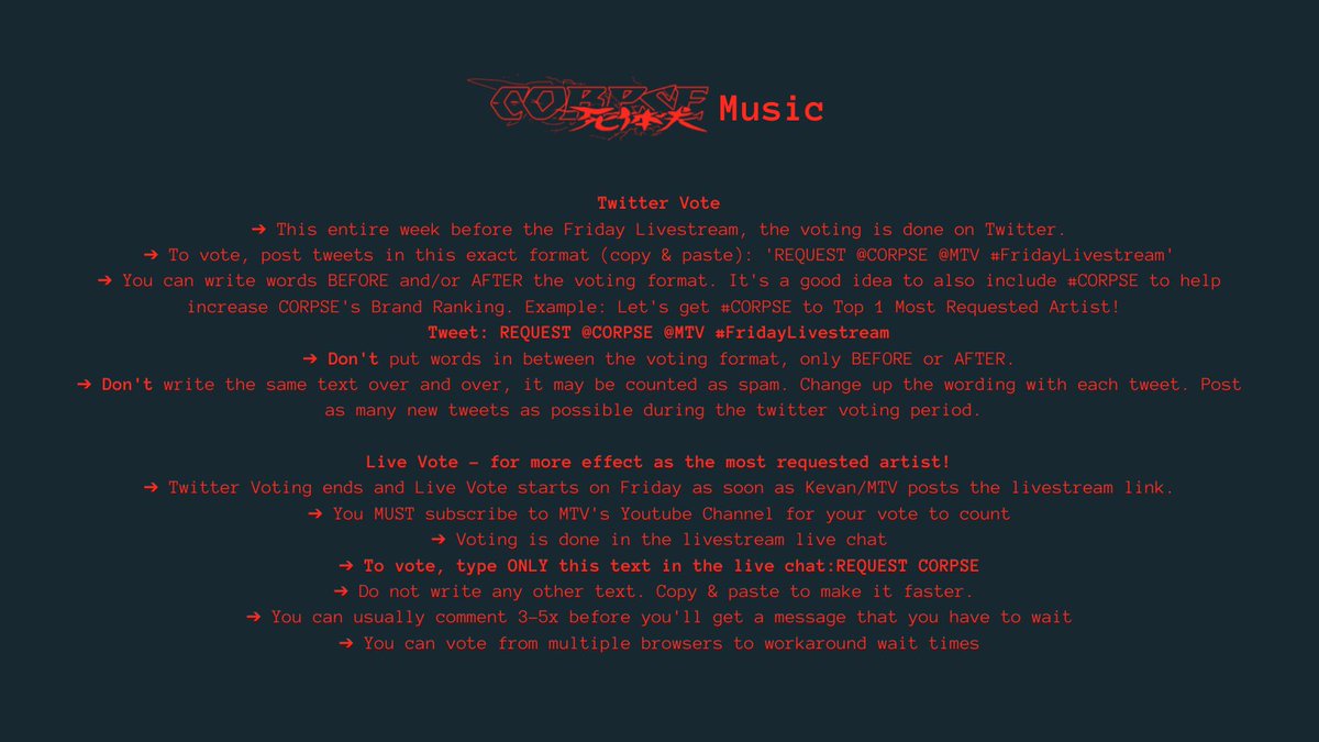 CORPSEHMUSIC's tweet photo. We can request for CORPSE songs to be played on the livestream. Thousands of people watch this livestream, so it's a great opportunity to get CORPSE more exposure! 

Request @CORPSE @MTV #FridayLivestream https://t.co/slw8LFzz3a