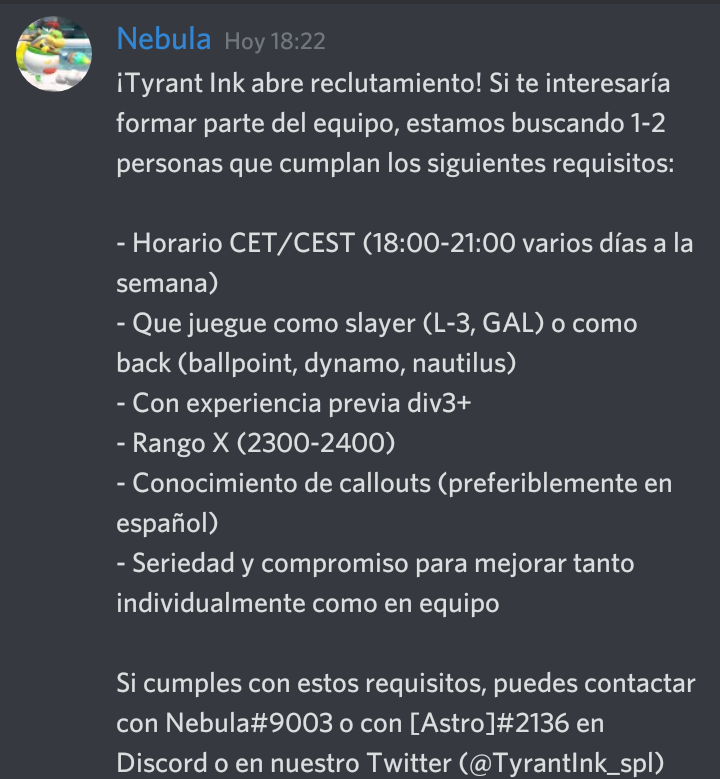 TyrantInk_spl's tweet photo. [ESP] ¡Estamos buscando nuevos jugadores! Si te interesa, tienes más información abajo🔽

[ENG] We're looking for new players! If you're interested, check the info below 🔽 https://t.co/b0pXt1Gu52