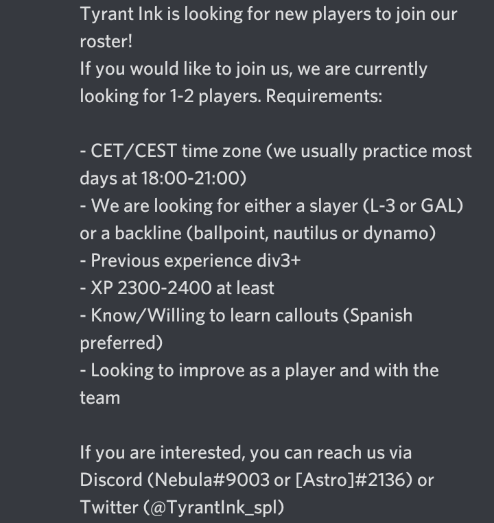 TyrantInk_spl's tweet photo. [ESP] ¡Estamos buscando nuevos jugadores! Si te interesa, tienes más información abajo🔽

[ENG] We're looking for new players! If you're interested, check the info below 🔽 https://t.co/b0pXt1Gu52