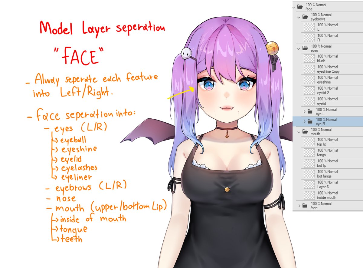 meiiArt's tweet photo. Hello, a couple of people have been asking me lately bout layer separation when making 2D model art, here is a very quick scuffed guide over how I personally separate everything.
If you have any questions drop them & I'll do my best to assist you! #live2d #2dtutorial https://t.co/G6vRxAdA3E