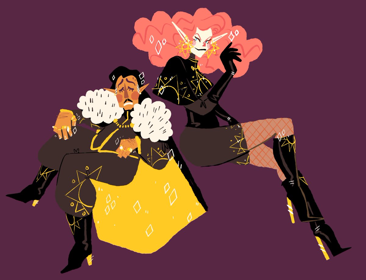 retrospecsart's tweet photo. Been doing a series of illustrations of me/my bf's tabletop characters for our new apartment! Of course, I had to start with our married rich dummies. 

#wonsennalaitai #bacchinlaitai #dungeonsanddragons #starfinder #characterdesign #originalcharacter https://t.co/y27uxbQy9Q