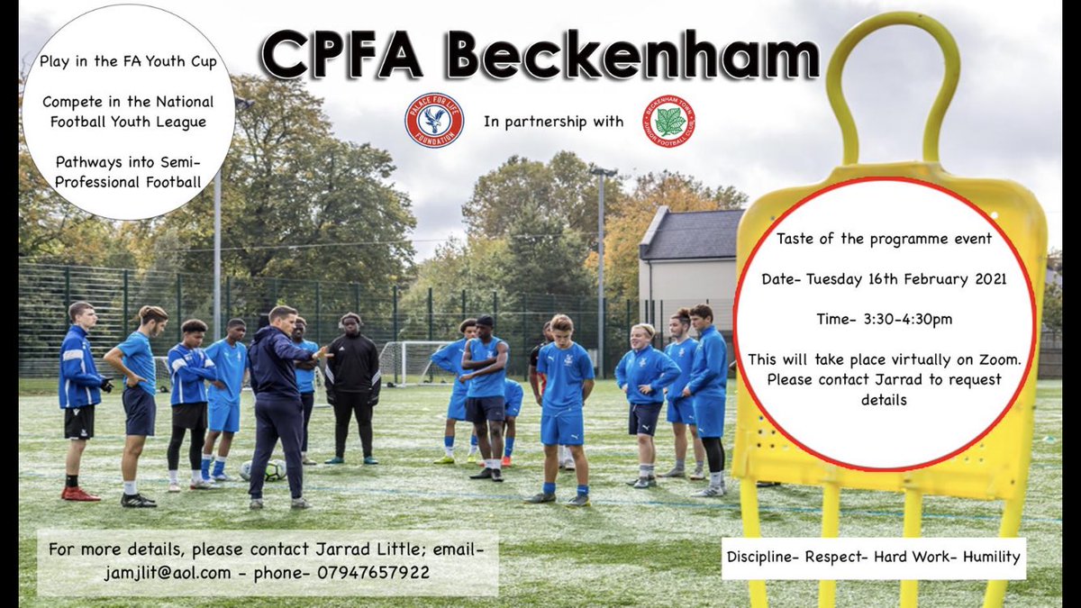 palace_academy's tweet photo. CPFA are hosting a free Taste of the Programme session on Zoom on 16th February.
If you’re 16-19 in September this year contact Jarrad to find out how to take part. #FootballandEducation #BTEC #NCFE #16-19 #StudyandPlay #CrystalPalace  @NCFE @vlukeducation @SCLeducation @NFYLU19 https://t.co/U7xTeW31z9