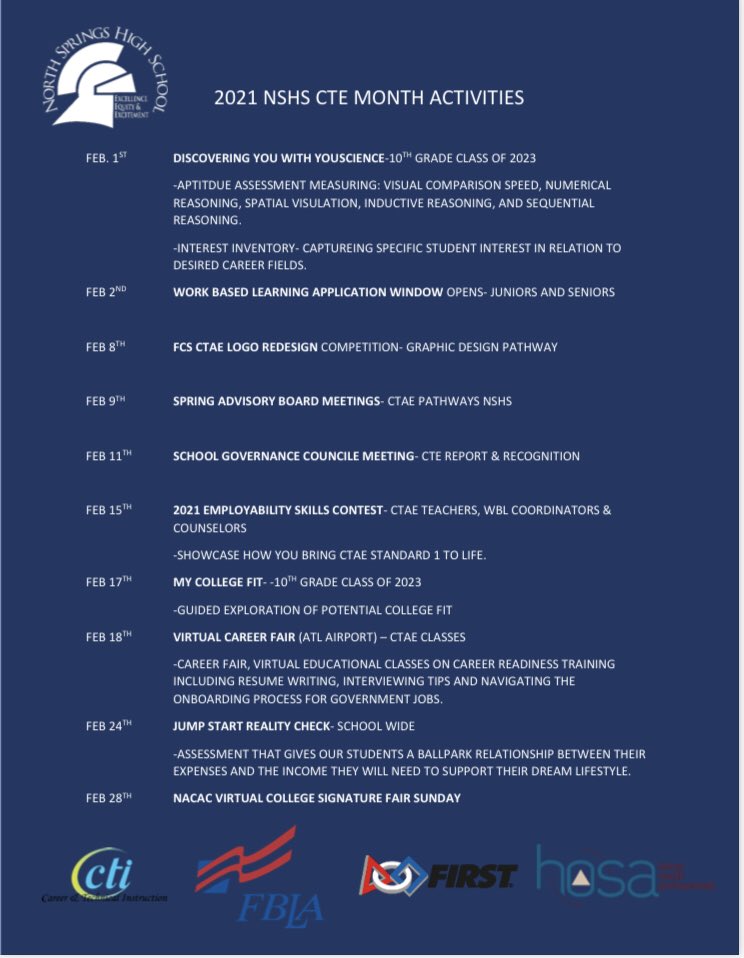 February is CTE Month and we are very excited for the upcoming activities at North Springs High School. Below are just some of the ways our Spartans are celebrating CTE Month. @FCSCTE @hansonmscott <a href="/NSSpartans/">NSHS</a> #CTEMonth #CTAEDelivers