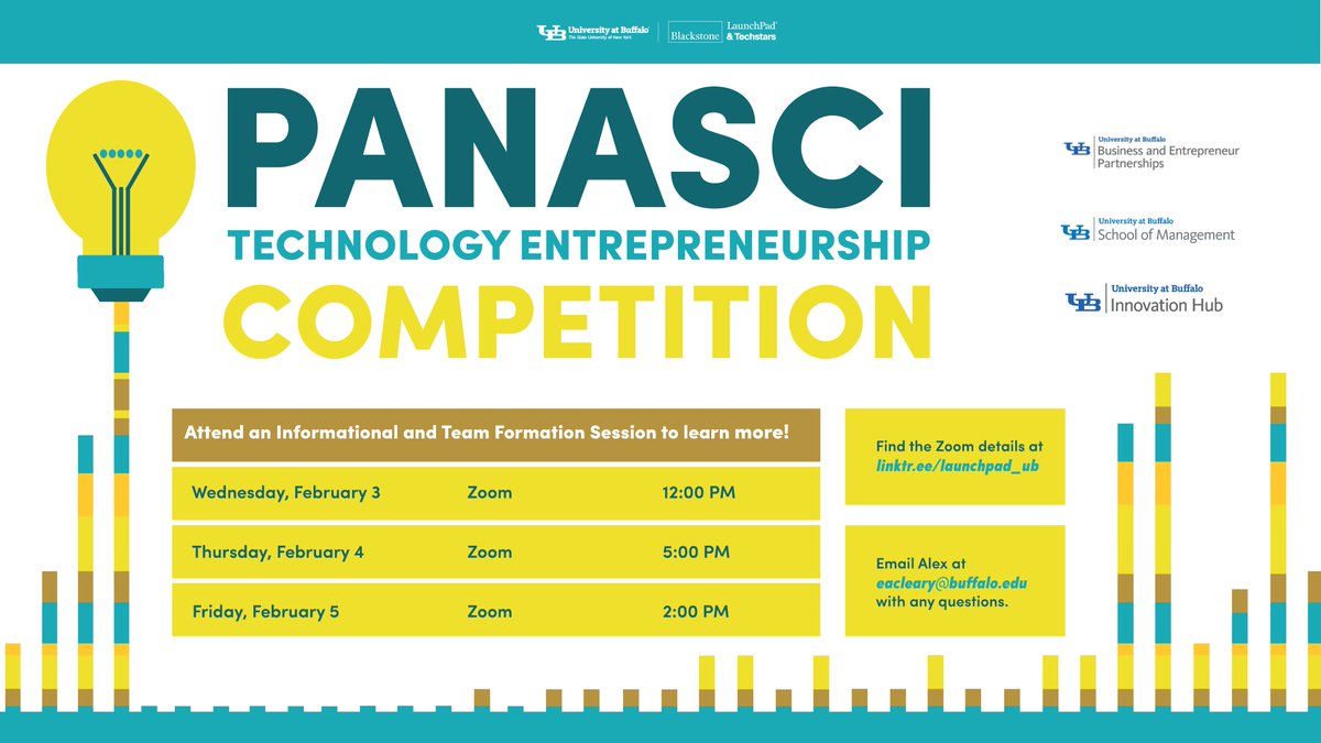 Are you planning on applying for the Panasci Technology Entrepreneurship Competition? Attend one of our information sessions to learn more about the application process and the competition. 

#UBuffalo #BXLaunchpadTS

linktr.ee/launchpad_ub