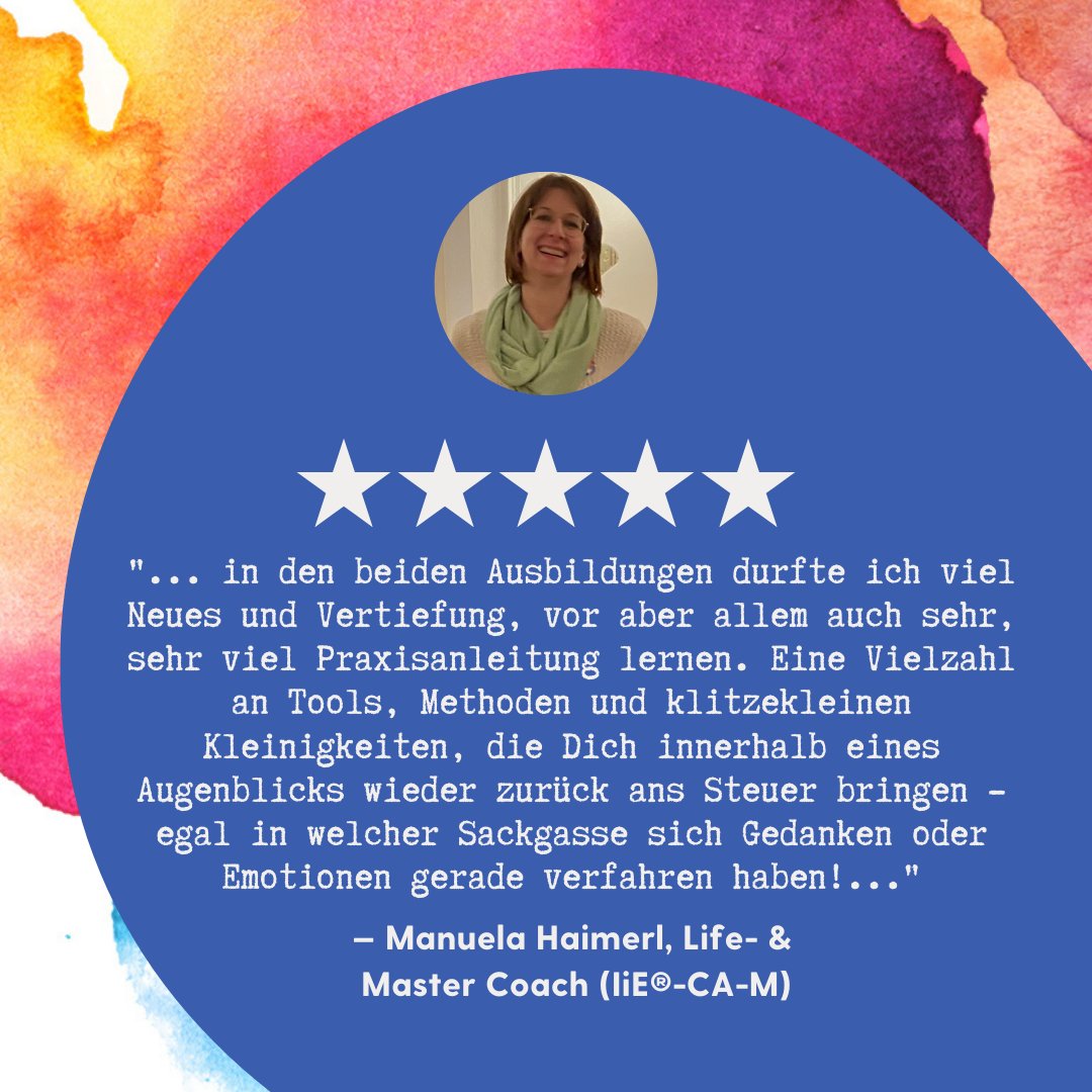 " ... in den beiden Ausbildungen durfte ich viel Neues und Vertiefung, vor aber allem auch sehr, sehr viel Praxisanleitung lernen.  ..."

Manuela Haimerl, Life- und Impuls Coach "Alles wirkt." (IiE®-CA)⁠ sowie Master Coach (IiE®-CA-M)

#testimonials #lifecoachausbildung