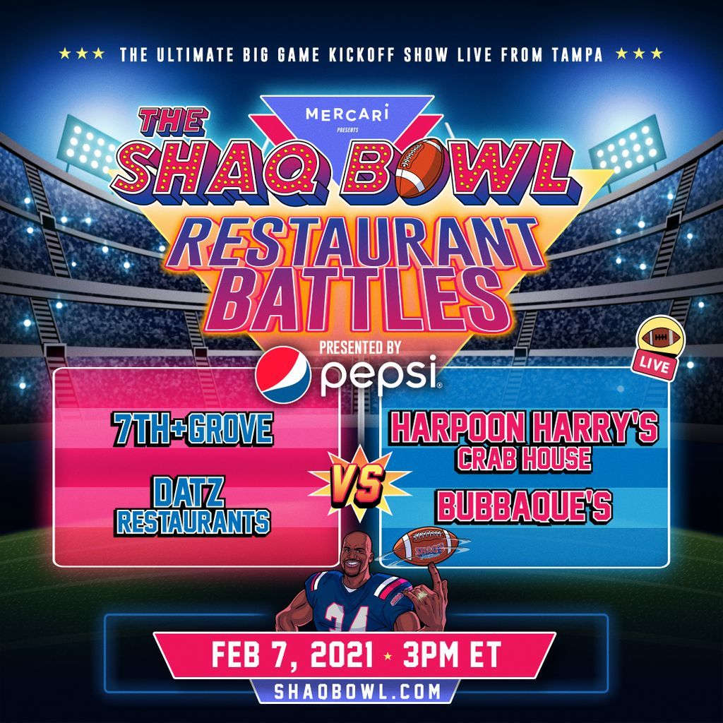 ShaqsFunHouse's tweet photo. Four restaurants will step into the SHAQ Bowl, 1 will step out a champion and be crowned @pepsi Restaurant Battle winner! Which of these restaurants from Tampa  can dazzle @shaq and out other judges? https://t.co/unEcN24hjH
