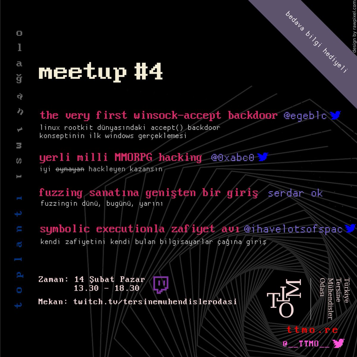 Tersine mühendisler, toplanın!
14 Şubat'ta
twitch.tv/tersinemuhendi… 'nda
<a href="/egeblc/">ege</a>, <a href="/0xabc0/">Ahmet Bilal Can 🦔</a>, @ihavelotsofspac ve serdar ok'la
low-levelin dibine vurmaya!

1 rt = 1 kişiye daha bedava bilginin ulaşması