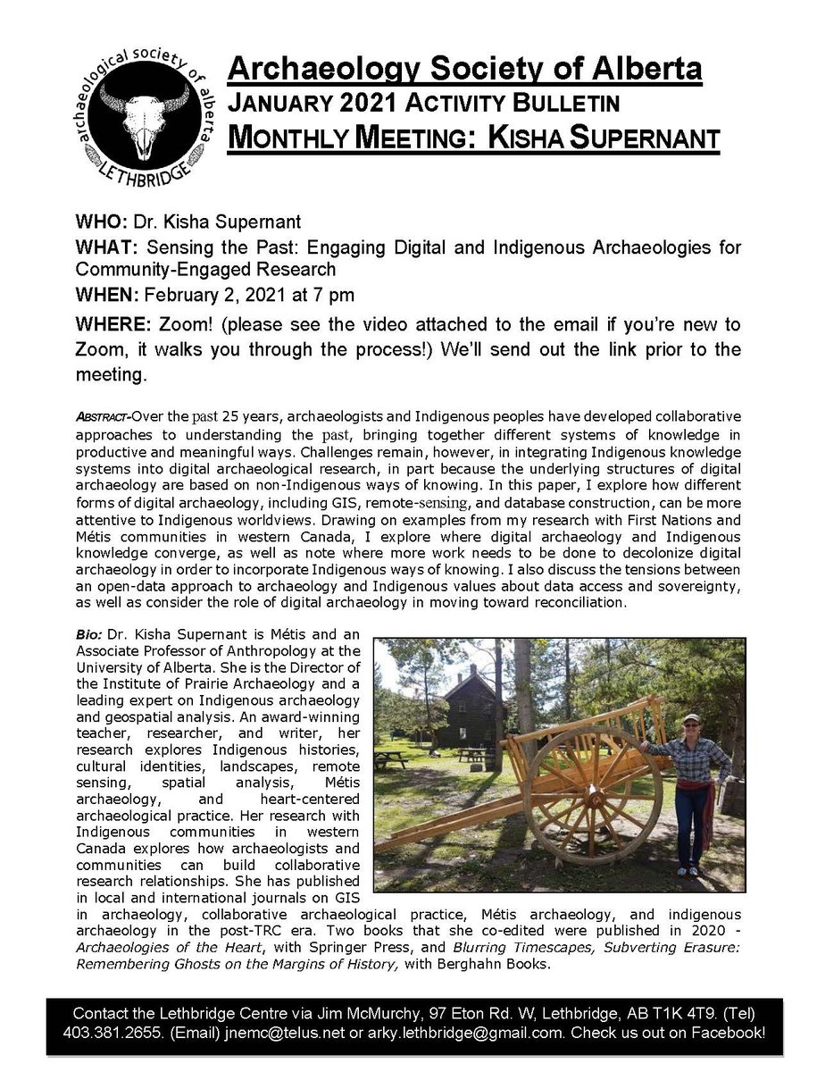 Join us for our monthly lecture series tomorrow night with guest speaker, Dr. Kisha Supernant. Email us for the zoom link!