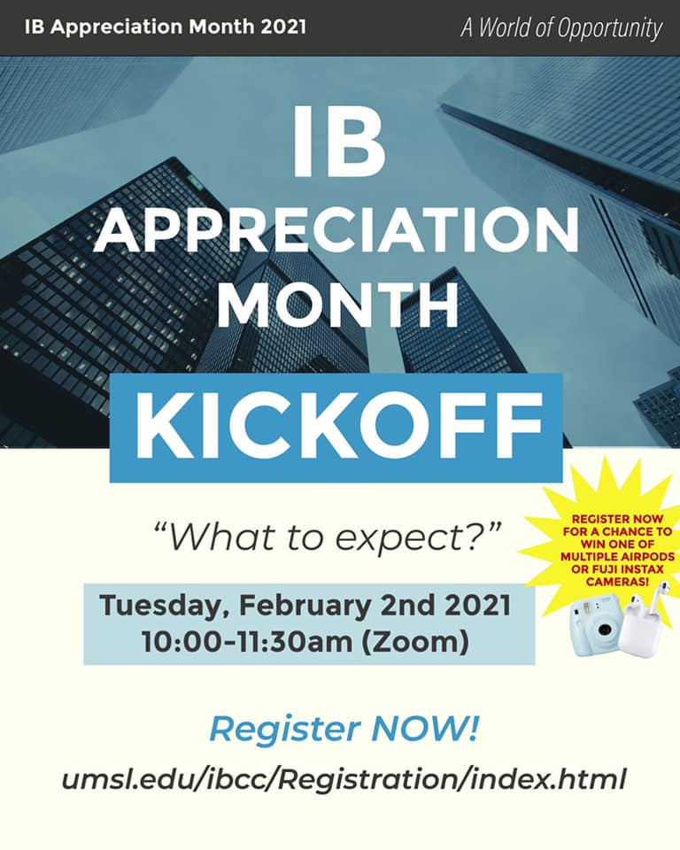 UMSL_IBCC's tweet photo. We are so excited for tomorrow!
The first IB Appreciation Month webinar is right around the corner! Join us tomorrow, February 2nd from 10:00-11:30am to find out more about the events we will host throughout the month of February! We will also play some games and have fun! https://t.co/DOFVaF8zCk
