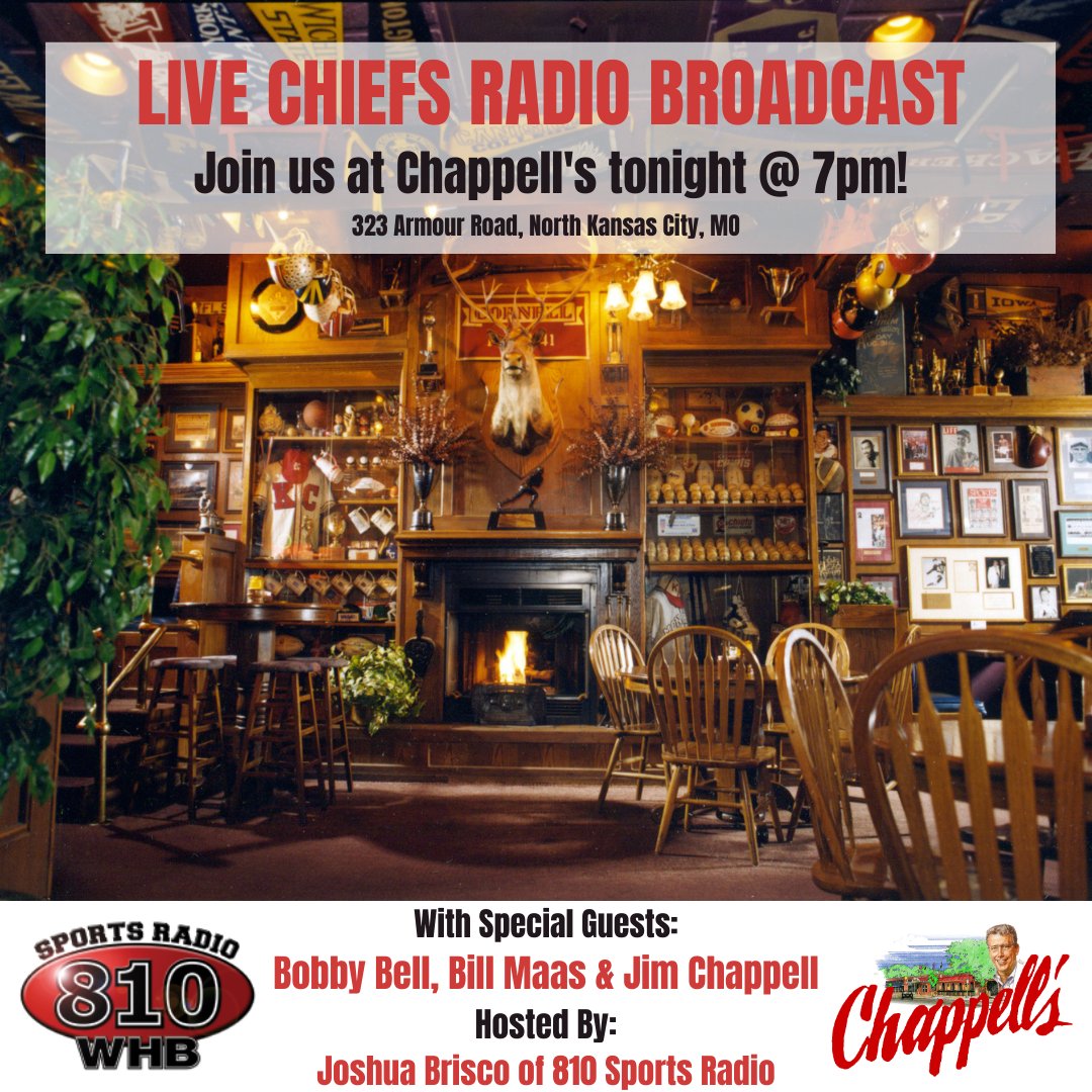 ChappellsMuseum's tweet photo. Join us tonight at 7pm for a LIVE @SportsRadio810 show at @ChappellsMuseum! Host @jbbrisco will discuss the #SuperBowlLV matchup with former @Chiefs greats @BillMaas, Bobby Bell, and our very own Jim Chappell. Be sure to get here early! https://t.co/PDaoNHmMKe