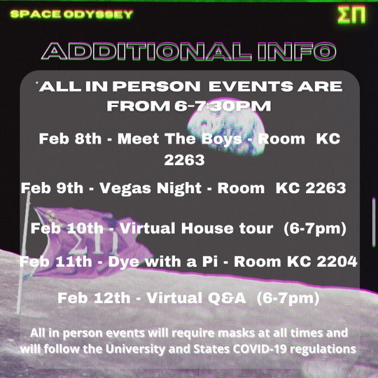 SigmaPiGVSU's tweet photo. Join The Odyssey and Rush Sigma Pi 🚀🌕 Zoom codes for virtual events will be posted before the event! https://t.co/QodziKpYjY