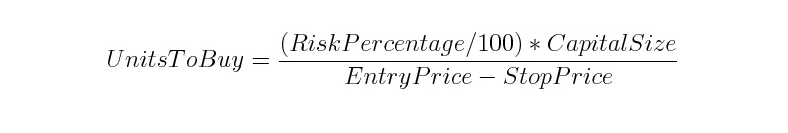 Using the following calculation we can figure out how much of a position we can take to ensure that we only lose 1% of our portfolio if our stop loss is hit.Let’s do the math using the example above:((1/100)*0,1) / (0,00001200 - 0,00001100) = 1000 units