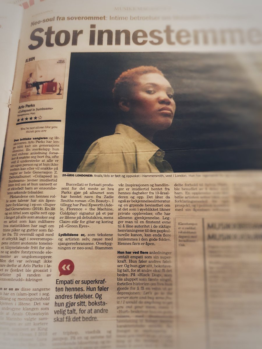Aslaug Olette (@aslaugok) on Twitter photo MÄ jo nevne at i tillegg til Ä ha intervjuet Kamelen, har jeg skrevet om det femstjerners debutalbumet til stjerneskuddet <a href="/arloparks/">Arlo Parks</a>. Selvsagt i dagens for ogsÄ finfine utgave av <a href="/Musikkmagasinet/">Klassekampen Musikk</a> MÄ jo nevne at i tillegg til Ä ha intervjuet Kamelen, har jeg skrevet om det femstjerners debutalbumet til stjerneskuddet <a href="/arloparks/">Arlo Parks</a>. Selvsagt i dagens for ogsÄ finfine utgave av <a href="/Musikkmagasinet/">Klassekampen Musikk</a>