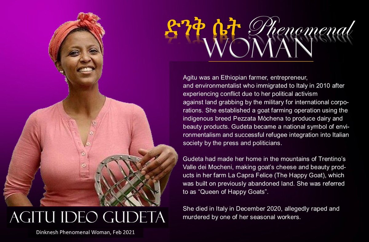 Dinknesh_us's tweet photo. Honoring #agituideogudeta this month, Agitu was an exceptional character, an example of strength, pride and tenacity. We will never forget you Agitu, hoping that your dream will continue to inspire others. Rest In peace.

#Womenempowerment #Ethiopia #environmentalist #BlackWomen https://t.co/1OckYMYjSp