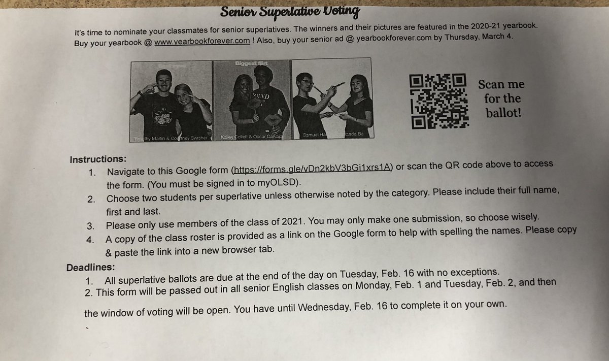 Class of 21’... it’s time to vote for Senior Superlatives 🍊 Ballot sheets will be passed out during english classes on Tues, feb 2nd &amp; Wed, feb 3rd. Another option is to scan the QR code below or type in this link forms.gle/vDn2kbV3bGi1xr…. All ballots are due February 16th 🚨