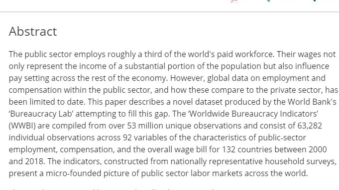 faisalabaig's tweet photo. 🚨Just accepted @PAReview🚨

"Introducing the Worldwide Bureaucracy Indicators: A new global dataset on public sector employment and compensation” with @Xu_Han_UMD, Zahid Hasnain and Dan Rogger. 

Paper:https://t.co/aQ0SEiXBmr
 
Dataset/codebook: https://t.co/H5uhcvnrMP

Thread: https://t.co/d1mWRnILLI