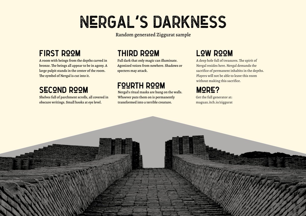 maguaxRPG's tweet image. Now Ziggurat of the Four Gods has a sample dungeon you can download for free at: maguax.itch.io/ziggurat

#ttrpg #dungeongenerator #intothebronze #rpglatam