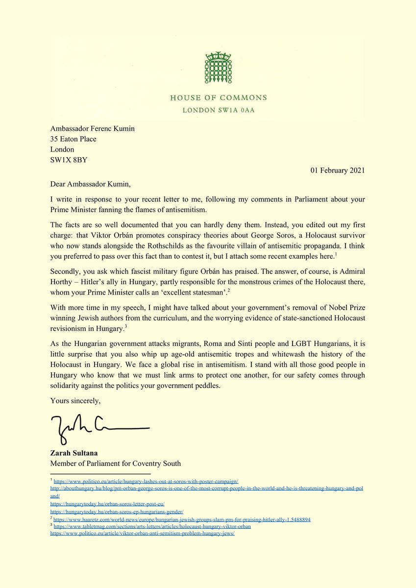 In the Holocaust Memorial Day debate in Parliament, I spoke about contemporary antisemitic threats, including Hungary's Prime Minister, Viktor Orbán.I've now received an angry letter from the Hungarian ambassador, asking for details.Here's my reply & a thread on the details:
