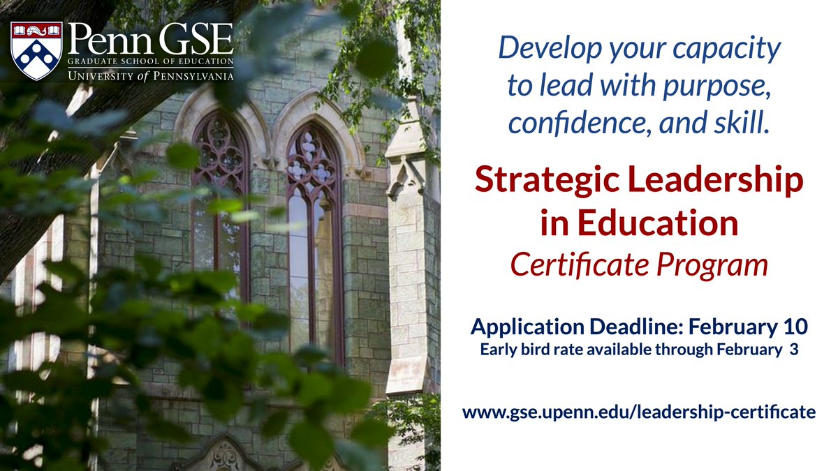 The @PennGSE Strategic Leadership in Education Certificate Program cohort is beginning to take shape. We have leaders from schools, districts, non-profits, and government. Early application deadline is 2/3, with final deadline on 2/10. Learn more here: gse.upenn.edu/academics/prof…