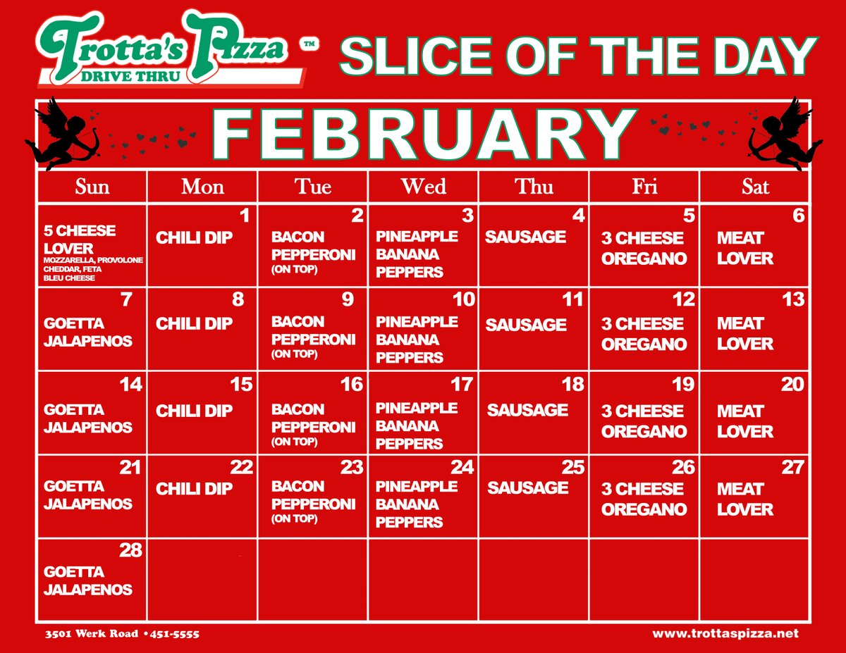 Our February Slice of the Day Schedule!

Stop up and grab a slice!  🍕