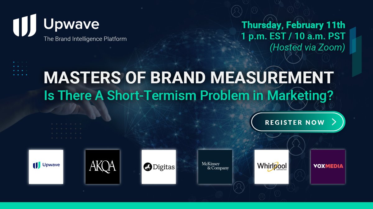 Kick off your week by registering for our Masters of Brand Measurement event on 2/11! You'll hear from industry experts from: <a href="/AKQA/">AKQA</a>, <a href="/Digitas/">Digitas North America</a>, <a href="/McKinsey/">McKinsey & Company</a>, <a href="/WhirlpoolCorp/">Whirlpool Corporation</a>, and <a href="/voxmedia/">Vox Media</a>! upwave.zoom.us/webinar/regist…