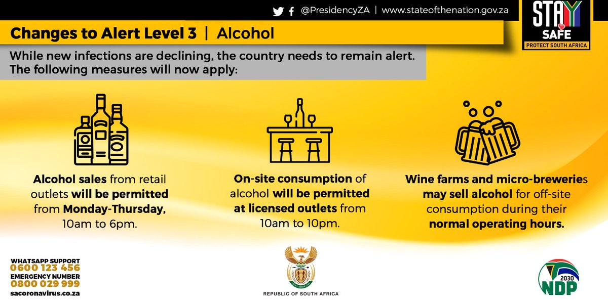 WesternCapeGov's tweet image. New adjusted Alert Level 3 regulations⬇️

Follow @PresidencyZA for accurate and up to date information on regulations including additional information relating thereto. 

Masks covering your nose and mouth remain mandatory when in public.