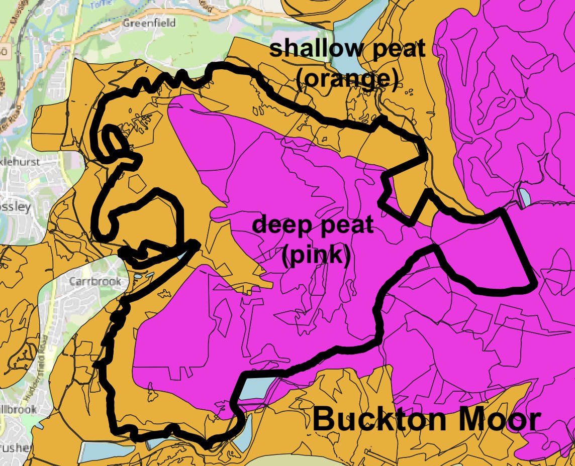 (8/n) One last example of a grouse moor that's likely exempt from the govt's burning ban: Buckton Moor, on the edge of the Peak District. It's not a designated site, but it contains a lot of deep peat - and it's where the massive Saddleworth Moor fire happened in 2018!