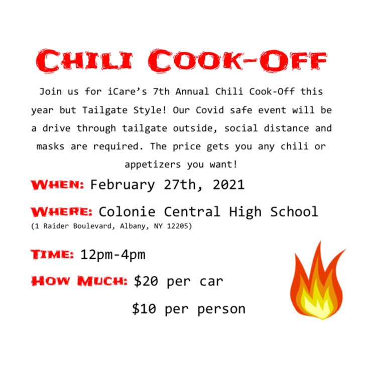 Join us this year for iCares 7th Annual Chili Cook-Off!! The drive by event will be on Saturday, February 27th from 12-4pm!!