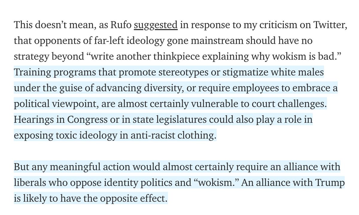 Btw, I specifically addressed your claim that I have no practical suggestions beyond "tut-tutting." But those ideas would require actual work, advocacy, & reaching out across political lines. I realize a Trump EO by way of Tucker Carlson is a lot easier.  https://arcdigital.media/the-no-win-battle-of-trump-vs-critical-race-theory-a5aaec06d7e4?source=friends_link&sk=abdcc3552810213a02c038769bcbef0b