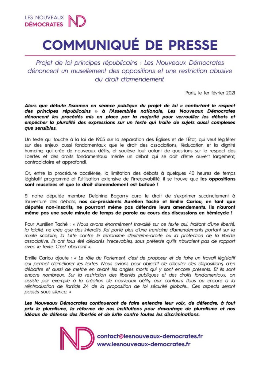 #PjlPrincipesRepublicains 

Les #ND dénoncent des procédés qui verrouillent les débats et empêchent la pluralité des expressions. 

Un texte qui touche à la loi de 1905 mérite un débat ouvert, contradictoire et approfondi. 

Notre CP ci-dessous⤵️