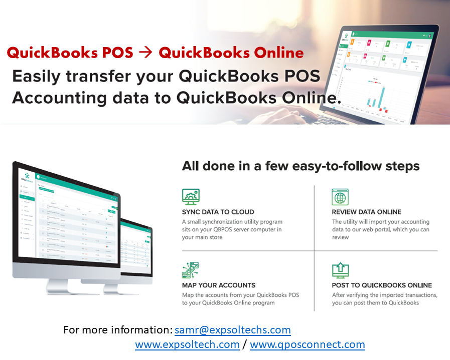 Send QuickBooks POS sales data to QuickBooks Online. 
Are you using any other POS &amp; would like to post to QBO?

We have a solution to push POS data to QBO

 #QuickBooksCA   #IntuitApps #qbconnect
 #IntuitApps #BookkeepersSummit2020   #QuickBooksUK #QuickBooksCA #sleetergroup