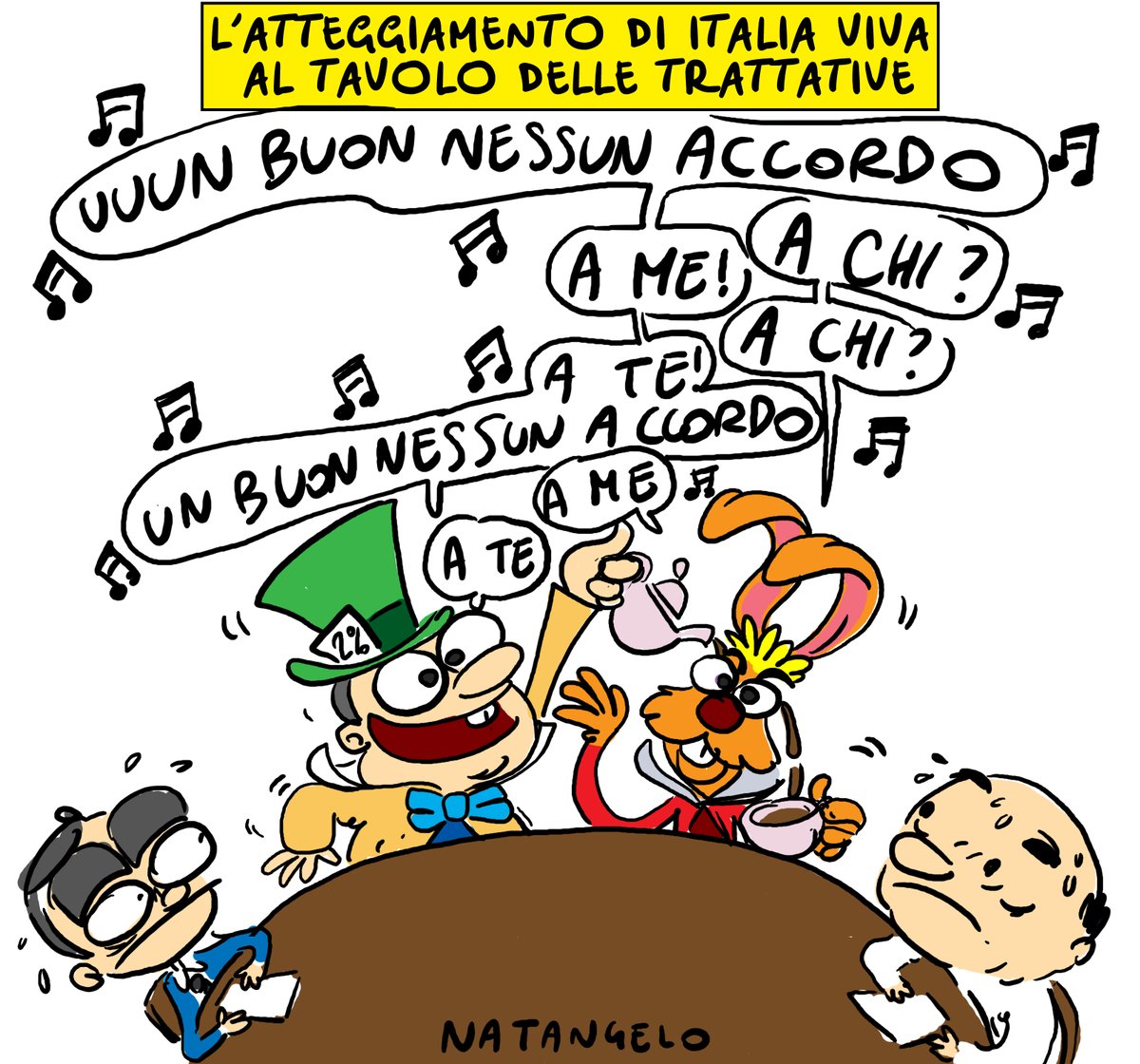 ♫♫ Un buon nessun accordo ♫♫

#consultazioni #renzi #italiaviva #m5s #pd #alicenelpaesedellemeraviglie #cappellaiomatto #nessunaccordo #fumettiitaliani #vignetta #fumetto #umorismo #satira #humor #natangelo
