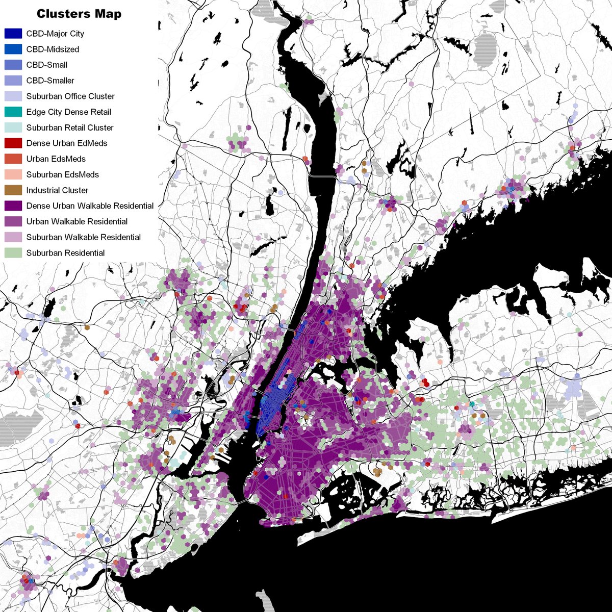 Here's New York. We can see just how much dense city there is, including in some suburbs. Note also that most of Manhattan gets coded as CBD because everywhere else in the country near that density is a CBD and my clustering algorithm lumps it in despite use type differences.