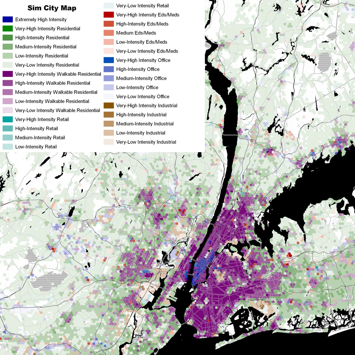 Here's New York. We can see just how much dense city there is, including in some suburbs. Note also that most of Manhattan gets coded as CBD because everywhere else in the country near that density is a CBD and my clustering algorithm lumps it in despite use type differences.