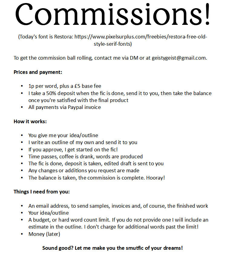 GeistyGeist's tweet photo. Commission Status Update! The first in a while. I shall be closing them until I'm back below five. To folks waiting, I'll get to you as quick as I can. Thanks for your patience!

Also, a link to my Patreon, since I haven't had that pinned for a while:

https://t.co/lE7jdB8R1F https://t.co/8pd76bfKG5