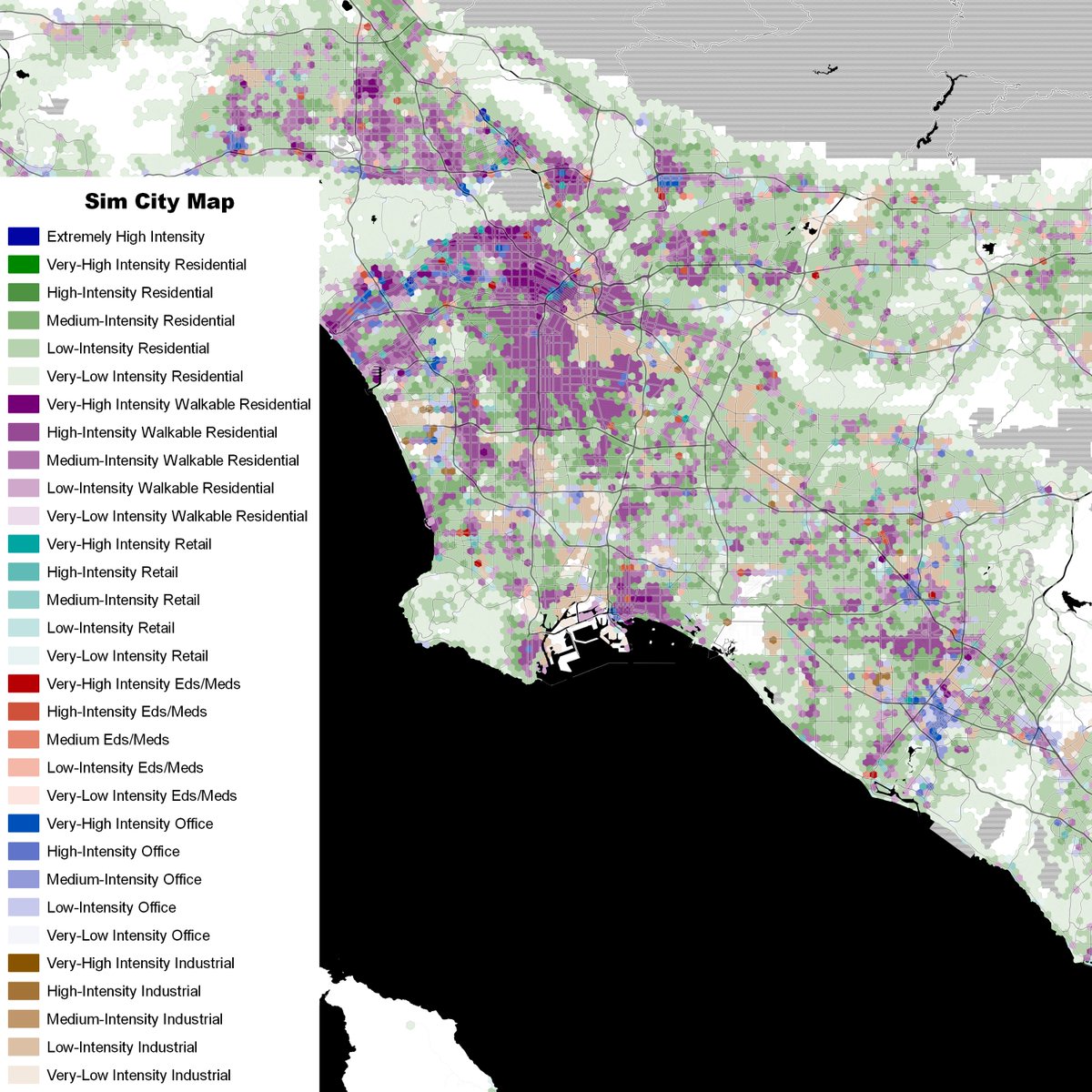 There is a lot of Los Angeles, too, but it's a lot less-organized, has much less dense commercial core, and is less continuously at urban densities (which I define as 10,000 activity units per square mile).