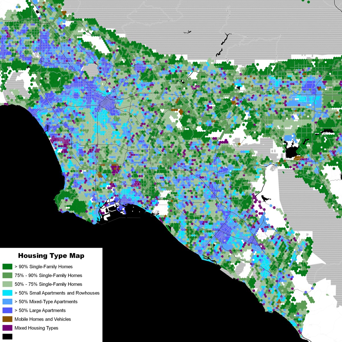 There is a lot of Los Angeles, too, but it's a lot less-organized, has much less dense commercial core, and is less continuously at urban densities (which I define as 10,000 activity units per square mile).