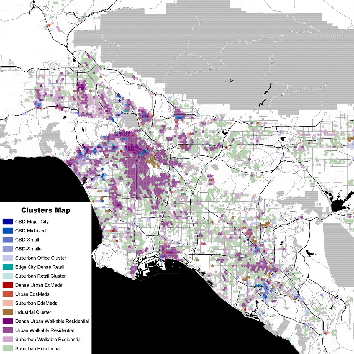 There is a lot of Los Angeles, too, but it's a lot less-organized, has much less dense commercial core, and is less continuously at urban densities (which I define as 10,000 activity units per square mile).