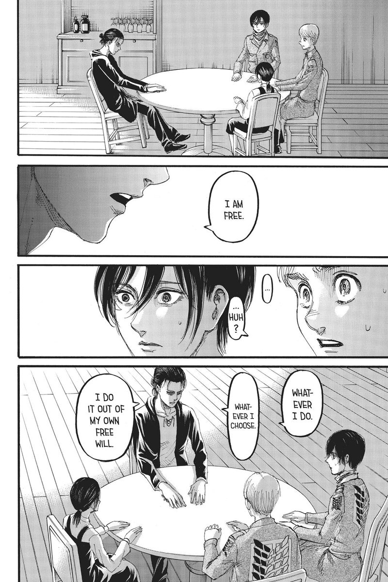 This conversation is the culmination of that irony. Eren, at this point in the story, has been showing a lack of emotion, and Armin pointing out that he is a slave hit the nail on the head and caused him to lash out through his facade