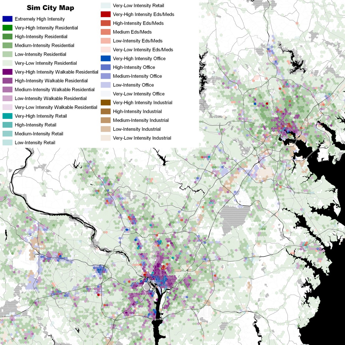 And here we have Baltimore-Washington. It's notable how much of West Baltimore is relatively dense but not walkable due to no retail...can anyone say "food apartheid"? Also, I was impressed by how visible Columbia Pike in VA is: I really need to walk it someday.